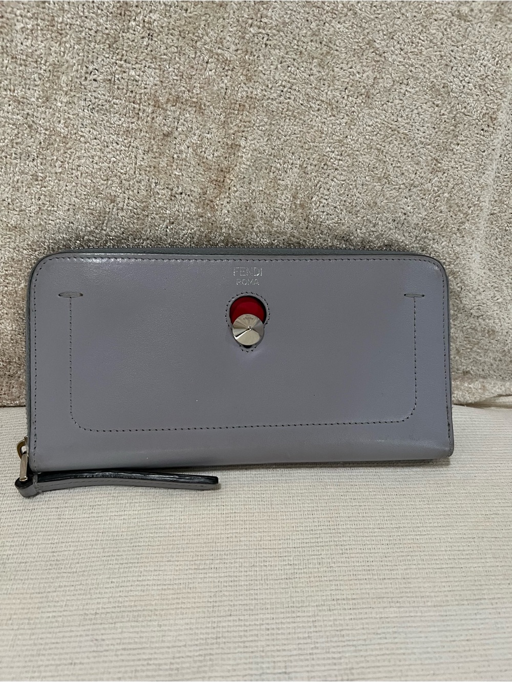 Fendi Gray Leather Zip-Around Wallet with Red Accent